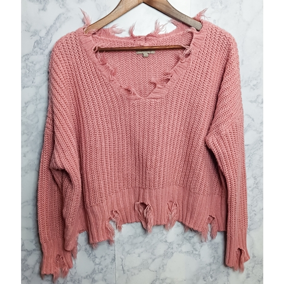 Wonderly Sweaters - Wonderly Pink Distressed Crochet Cropped Sweater Women Size XS